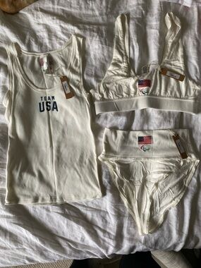 SKIMS Ivory Team USA Ribbed Tank, Bralette & High Waist Bikini Set